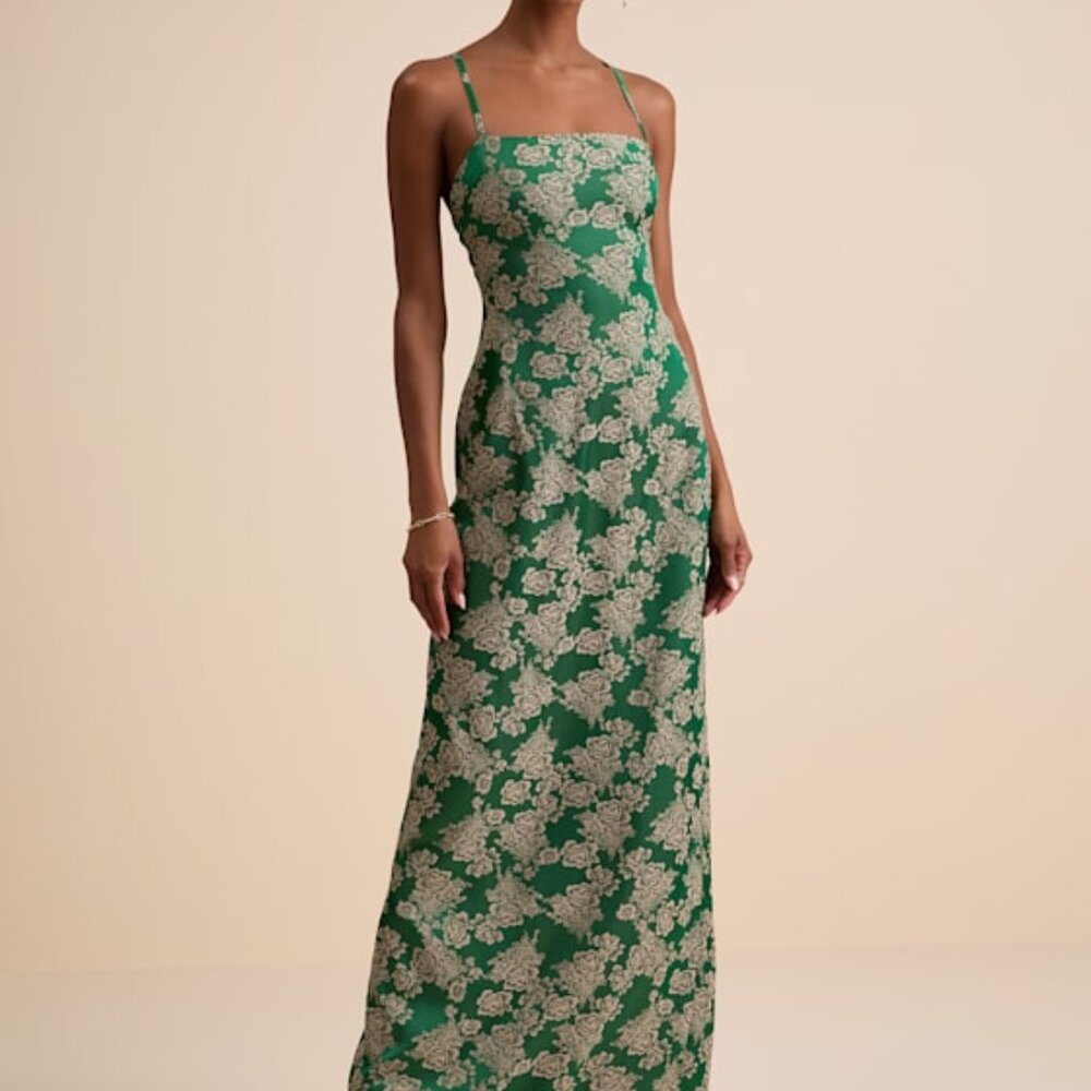Lulus Merrion Green Floral Satin Lace-up Maxi Dress - Size S